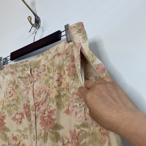 Vintage Skirt Womens 18 Beige Pink Floral Midi Linen Skirt 90s Romantic Whimsy - Picture 7 of 12